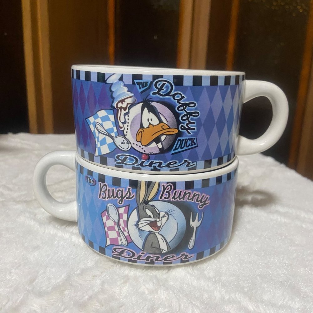 Vintage 90s Looney Tunes Diner Mugs Retro Pair Daffy Bugs Bunny